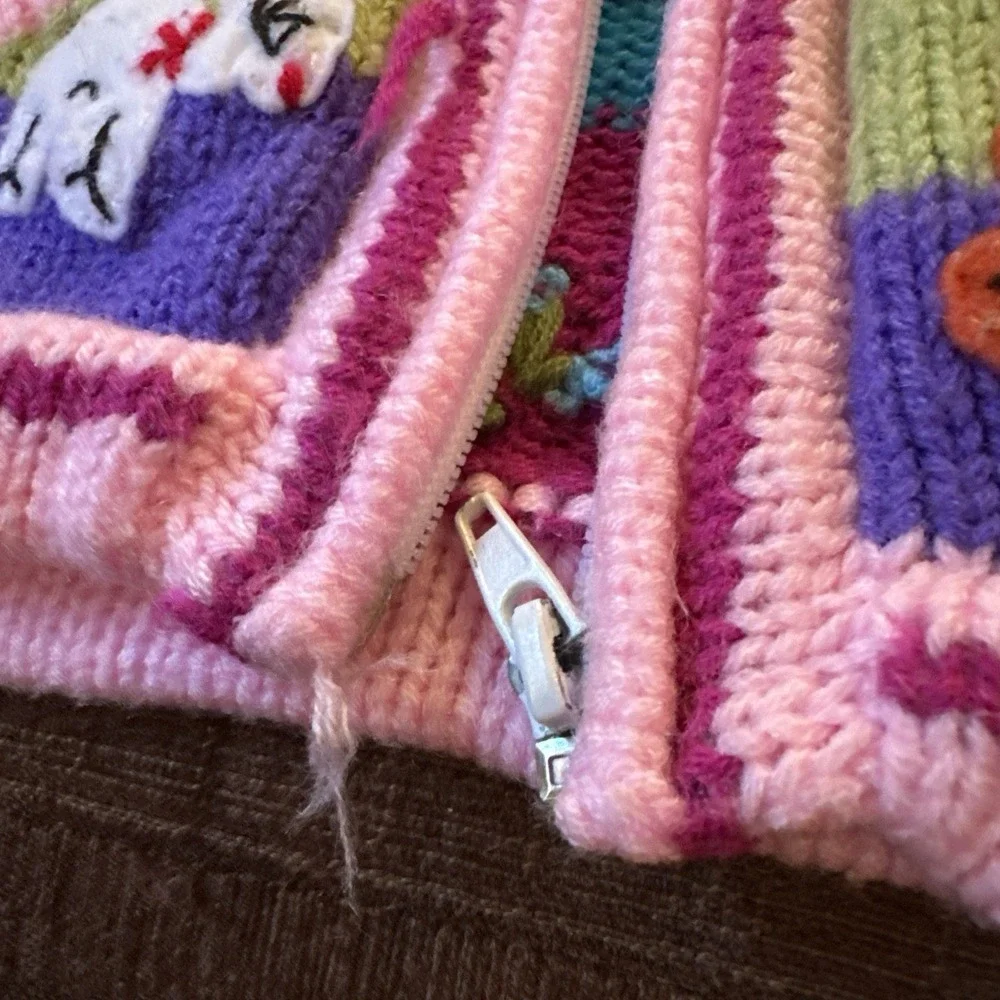 Handmade Peruvian Knit Zip Hoodie Kids 2T Multicolor Animal Landscape Sweater